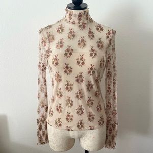 New Free people floral mock neck turtleneck mesh lace long sleeve top blouse